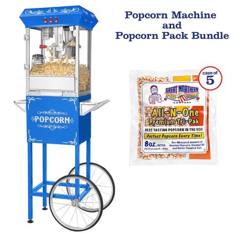 Foundation Popcorn Machine and Cart  3 Gallon Popcorn Popper, 8oz Kettle, Warmer Tray by Great Northern Popcorn (Blue)