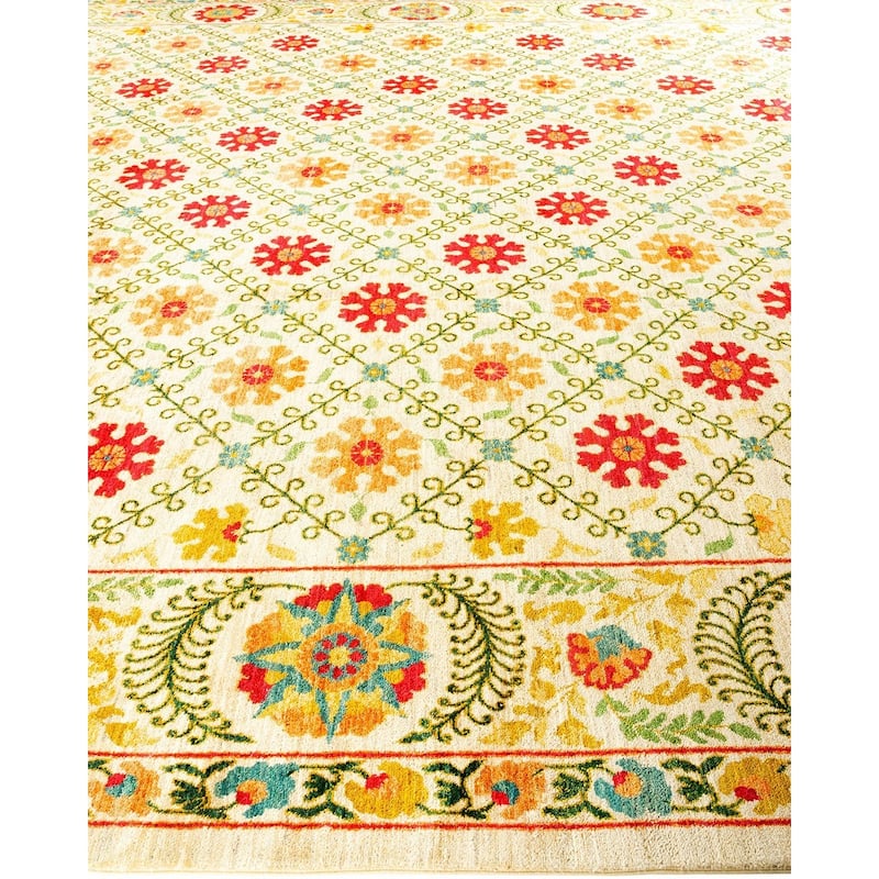 Overton Handknotted Wool Vintage Inspired Contemporary Suzani Ivory Area Rug - 17' 10" x 11' 10"