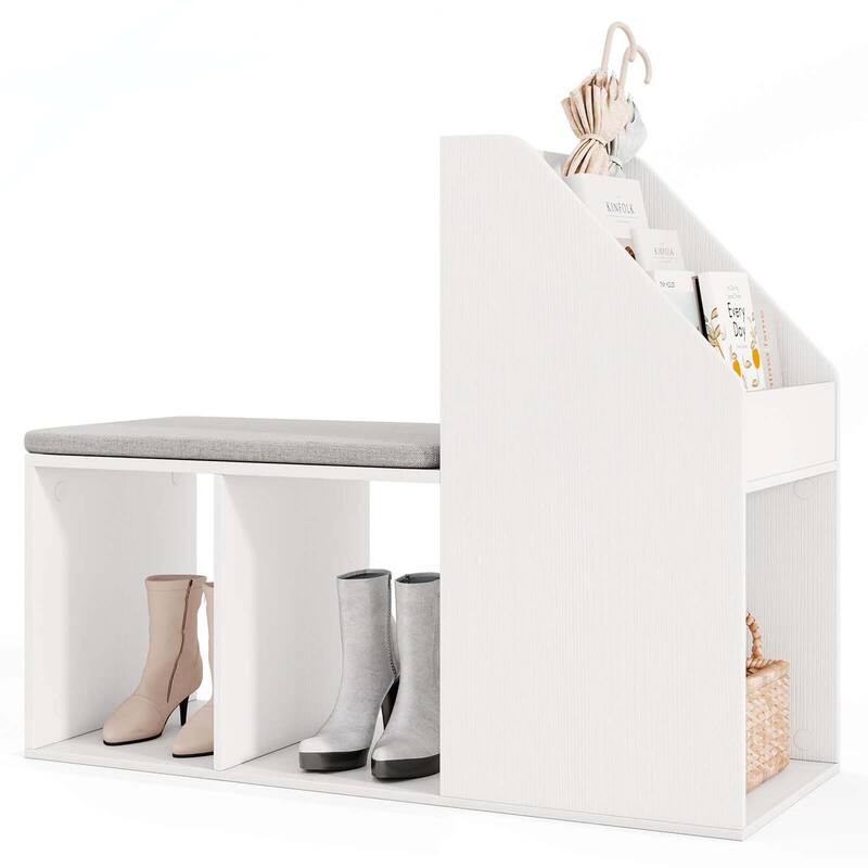 Costway Shoe Storage Bench with Removable Seat Cushion 3 Side Storage - See Details - White + Gray - See Details