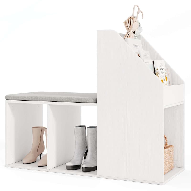 Wooden Shoe Storage Bench Entryway Bench w/Side Holder & Seat Cushion - White+Grey