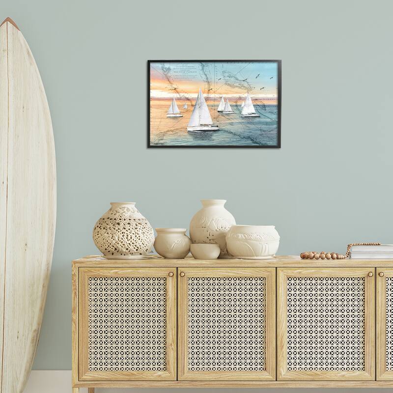 Stupell Nautical Ships & Vintage Map Framed Giclee Art Design By Amber Sterling