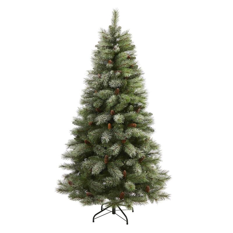 6' Snowed French Alps Mountain Pine Artificial Christmas Tree with 583 Bendable Branches and Pine Cones