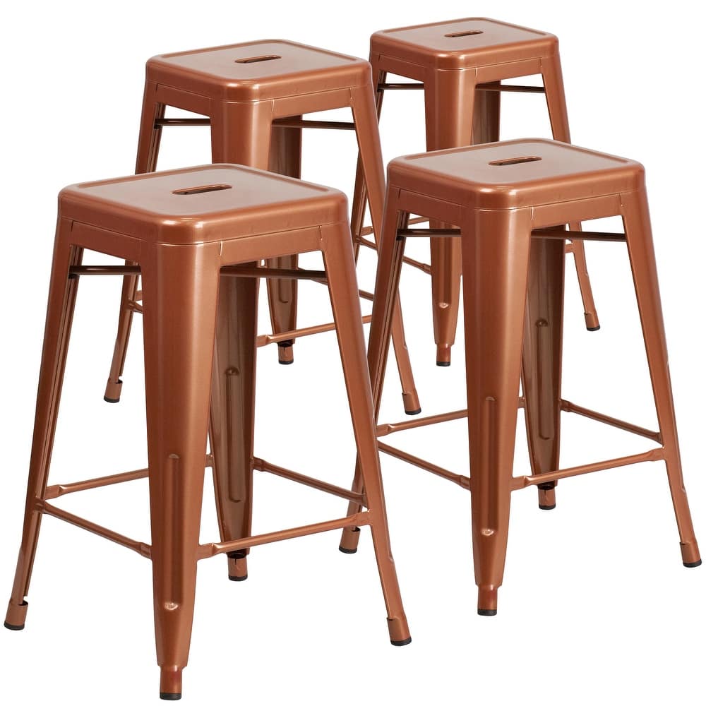 4 Pack 24"H Backless Metal Indoor-Outdoor Counter Height Stool w/Square Seat