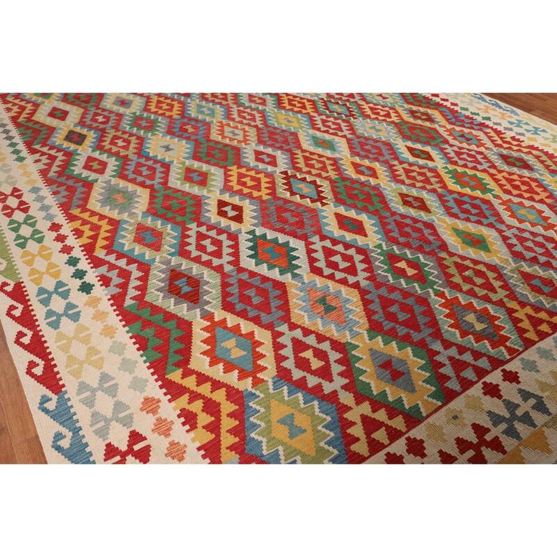 Geometric Multicolor Kilim Oriental Large Rug Flatweave Wool Carpet - 10'1"x 16'4"