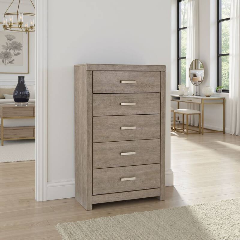 Kulv Tall Dresser Chest, 5 Storage Drawers, Modern Taupe Gray Laminate