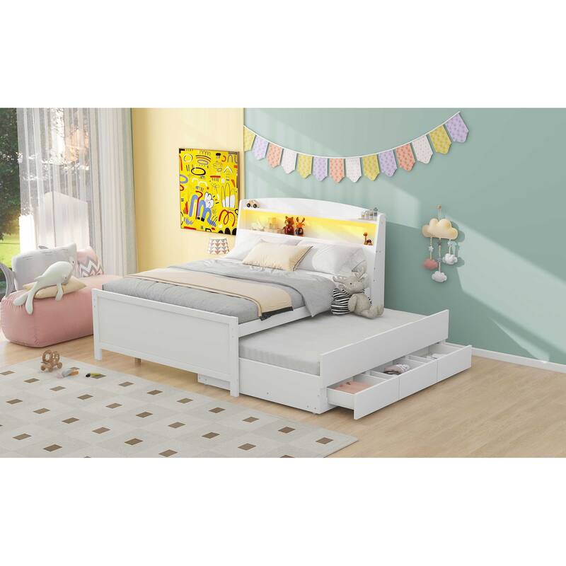 White Full Size Storage Platform Bed with LED Headboard, Twin Trundle and 3 Drawers