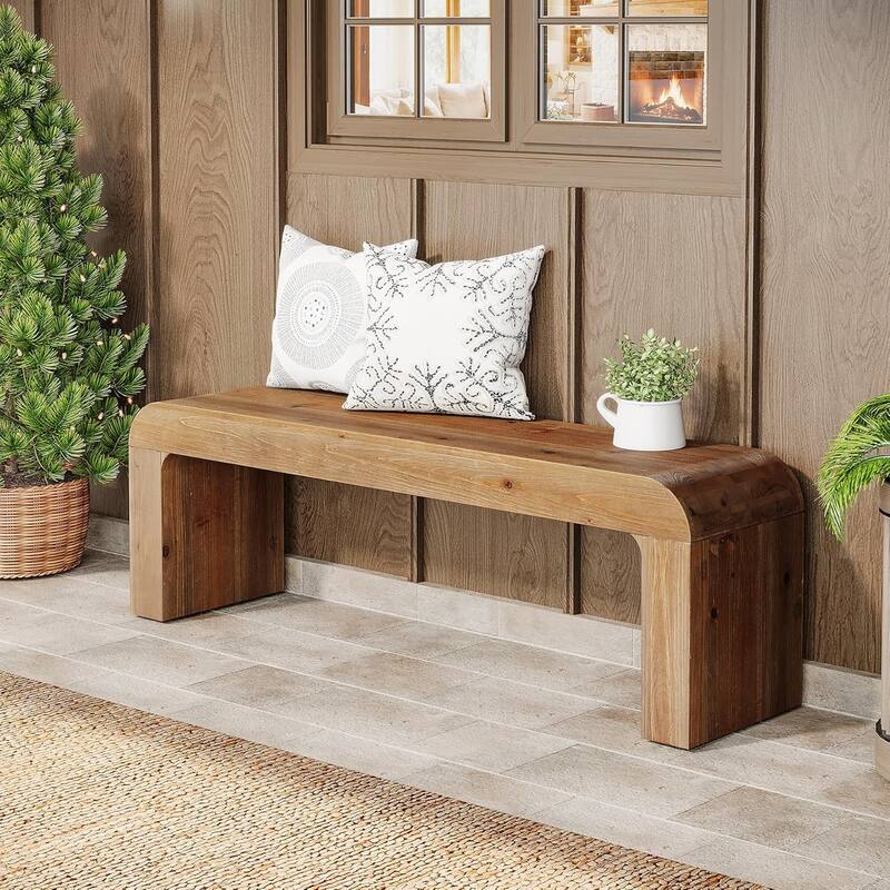 Solid Wood Dining Bench, 55" Wooden Entryway Bench with Thick Block Seat
