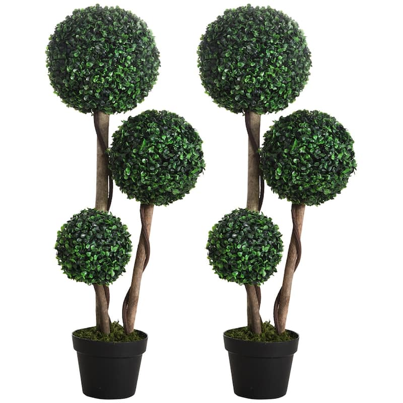 Set of 2 Forest Green and Black Artificial Three Ball Boxwood Plants with Cement Base for Indoor Outdoor