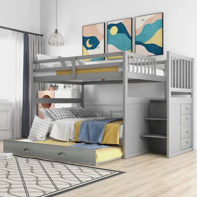 Full over Full Bunk Bed with Twin Size Trundle, Gray