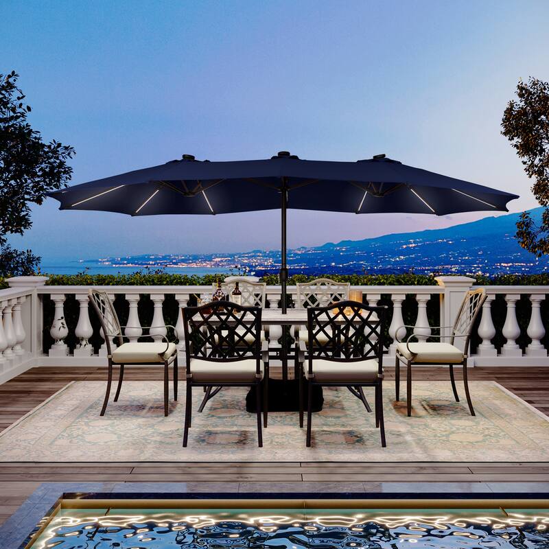 15 Ft Outdoor Solar Detachable Lights Rectangular Crank Market Umbrella with Base