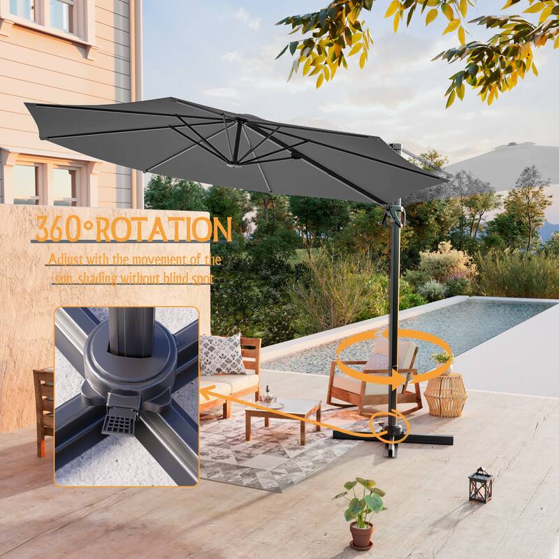 LIVOOSUN 10FT Round Cantilever Umbrella Patio Offset Umbrella For Outdoor Space, Solution-Dyed Fabric, 360° Rotation System