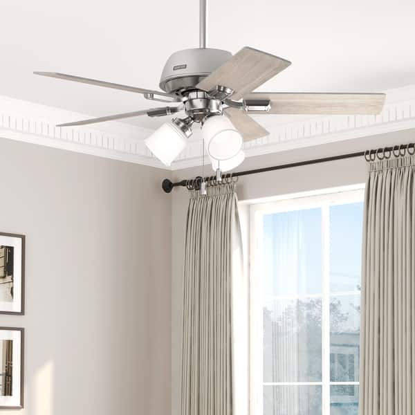 slide 2 of 13, Hunter 44" Crystal Peak Ceiling Fan with LED Light Kit and Pull Chain, Casual, Transitional Brushed Nickel