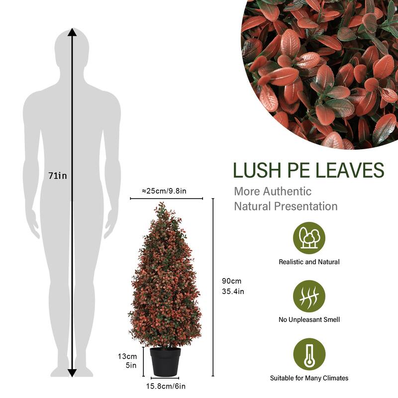 90cm Artificial Boxwood Topiary Tree for Outdoor Porch and Patio Decoration, Red , 2pcs/set