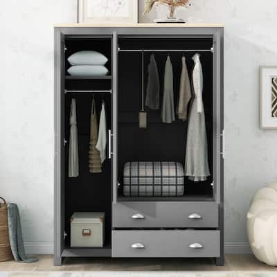 3 Door Armoires Gray Wardrobe Cabinet with 2 Hanging Rods & 2 Drawers