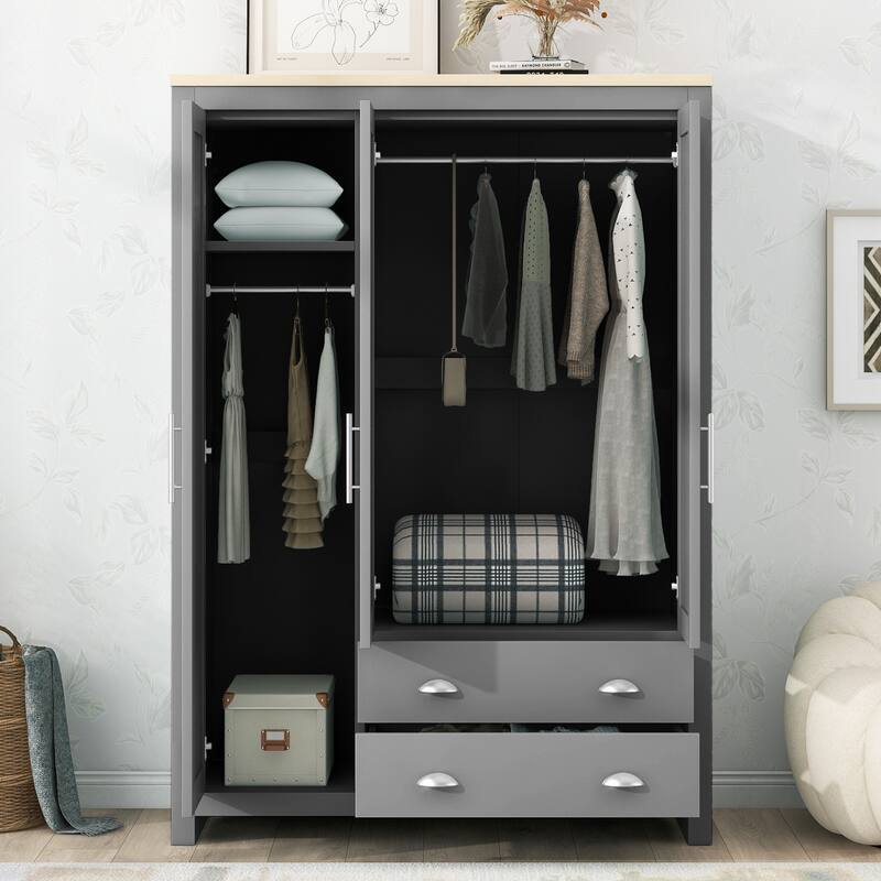 3-Door Wardrobe, Multi-Use Cabinet with 2-Drawer and 2 Metal Hanging Rods, Entrance Freestanding Storage Wardrobe Closet - Gray