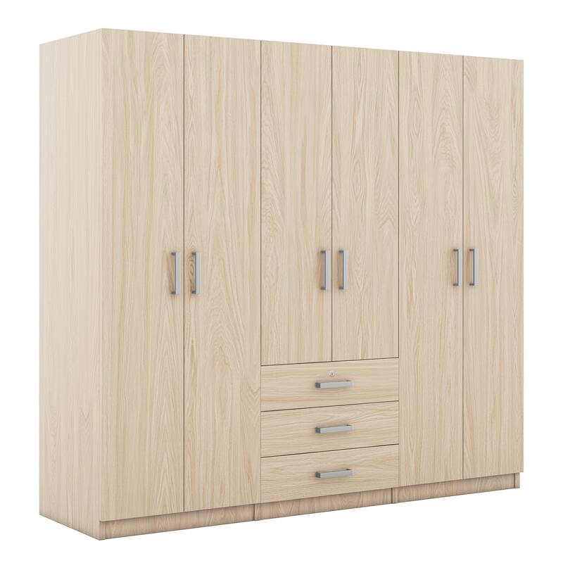 Modern Clean 6-Doors Wardrobe Wooden Armoires with 3 Storage Drawers and Built-In Hanging Rod Design