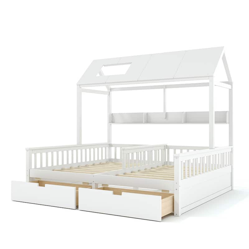 Double Twin Platform Bed with Storage Shelves and Drawers, House Platform Bed with Support Slats, Childlike