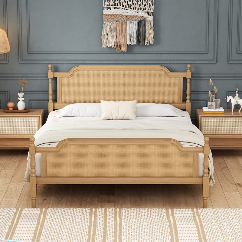 Traditional Style Rattan Bed Frame - Walnut - King