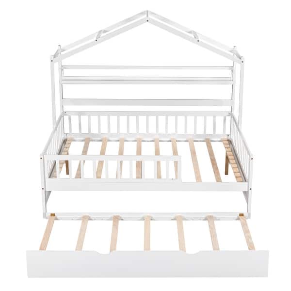 slide 2 of 35, Wooden Full House Bed with Twin Trundle & Shelf - Safe Kids' Bed White