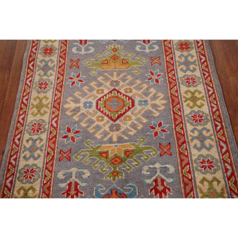 Geometric Gray Kazak Accent Rug Hand-Knotted Wool Carpet - 2'10" x 3'10"