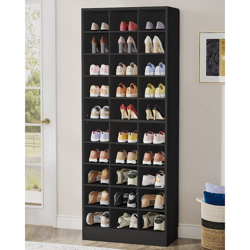 30 Pairs Tall Shoe Cabinet, 10 Tiers White Wooden Shoe Storage Rack for Closet, Entryway - 10-tier - Black