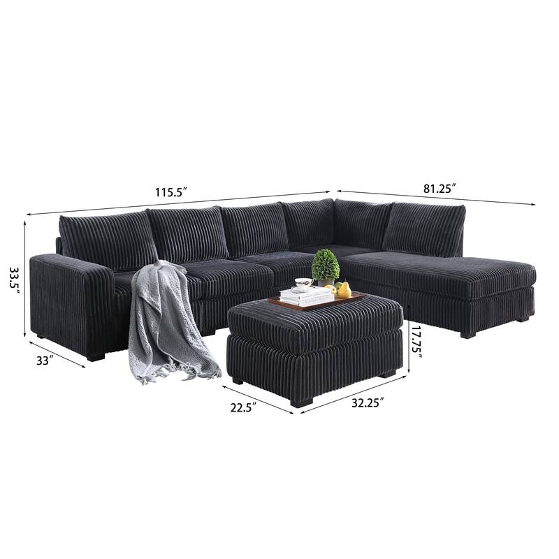 Adeco Modern L-Shape Sectional Sofa Set with Ottoman - 115.5"X81.25"X33.5"