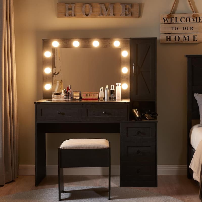 Farmhouse Vanity Makeup Desk with Charging Station, Makeup Table Set