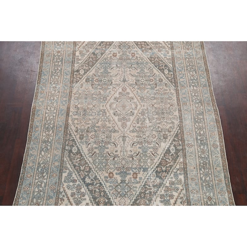Distressed Geometric Hamedan Persian Area Rug Wool Handmade Carpet - 6'8" x 9'11"