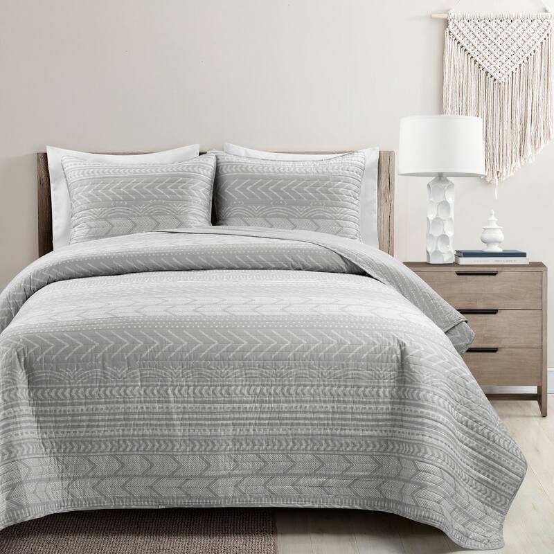 Lush Decor Hygge Geometric Pattern 3-piece Quilt Set - Gray - Full - Queen