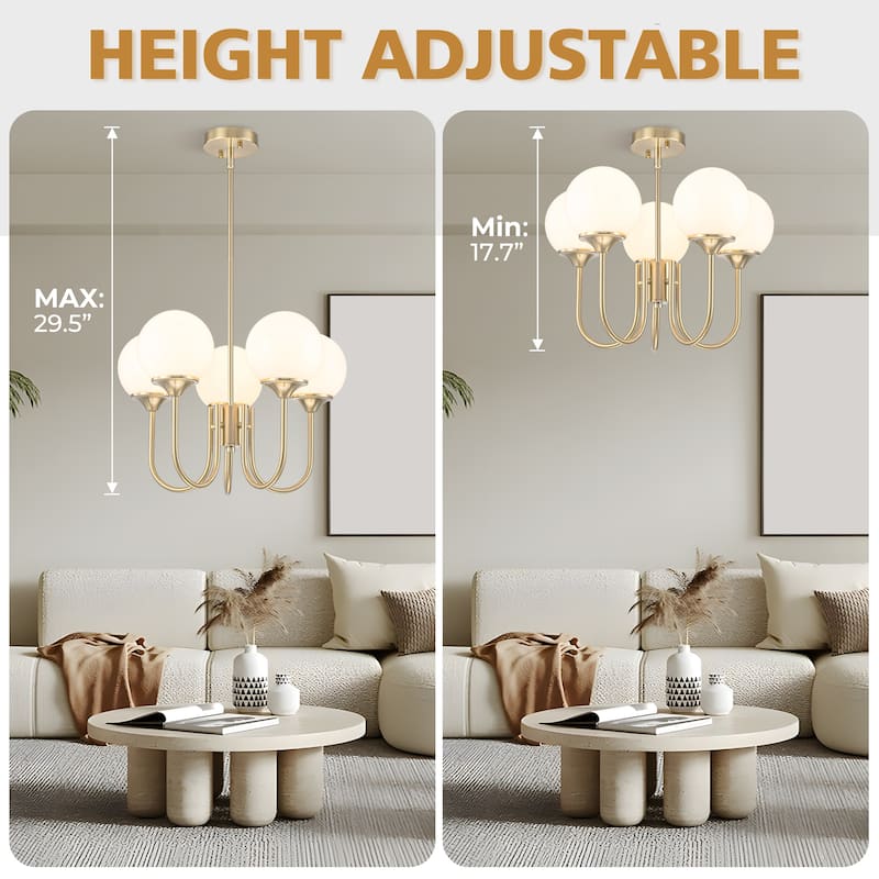 5 Light Gold Globe White Milk Glass Chandelier - 19.6 inch