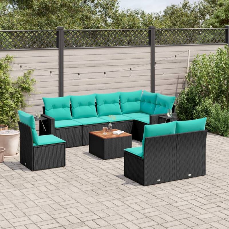 vidaXL 9 Piece Patio Sofa Set with Cushions Black Poly Rattan - 24.4x24.4x27.2