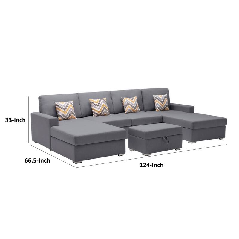 Meg Double Chaise U Sectional Sofa with Ottoman, Gray Linen, 124 Inch