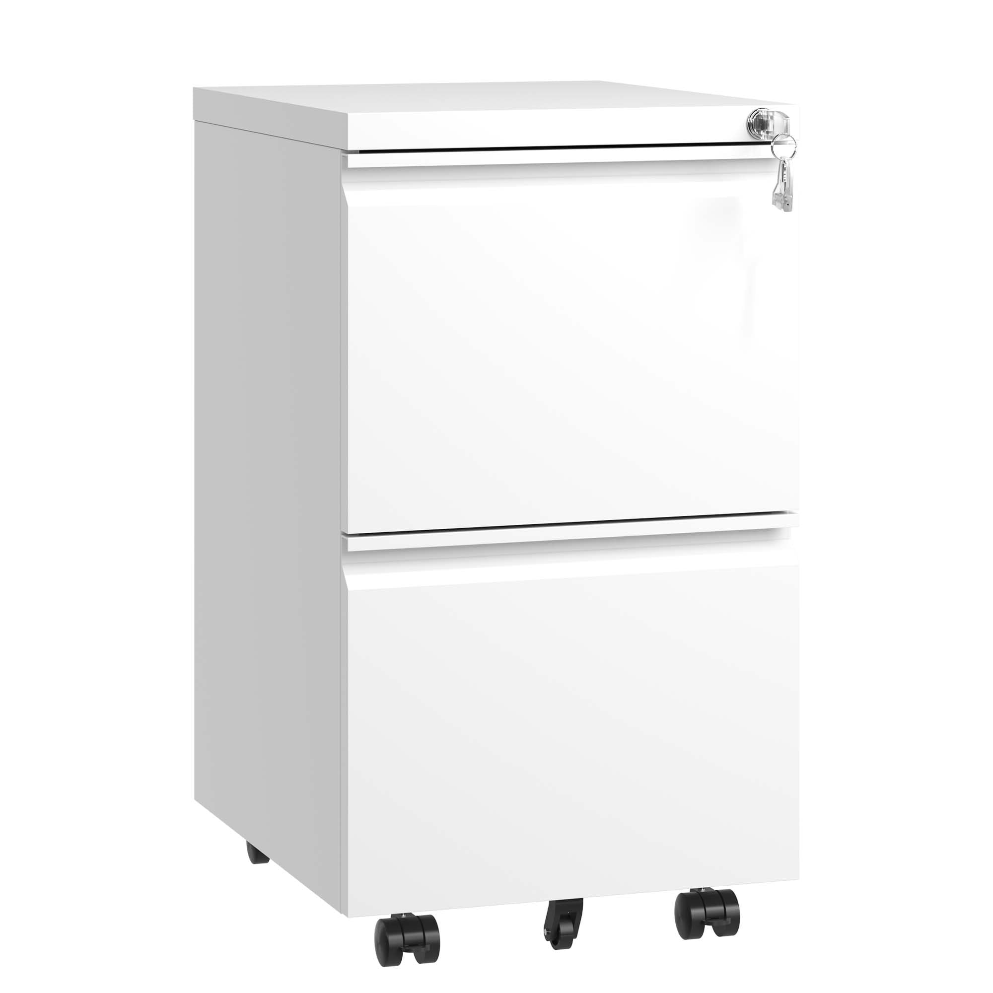 Modern Filing Cabinet Mobile Filing Cabinet, Metal Filing Cabinet with 2 drawers, 5 casters and lock, for Home Office, White
