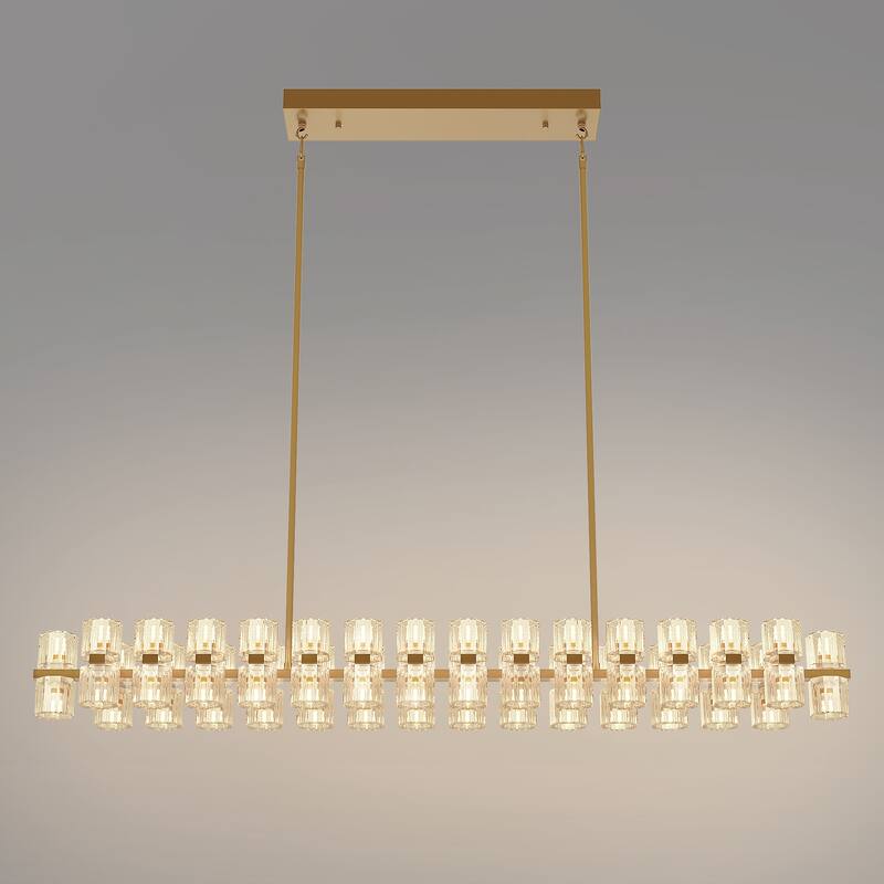 YANSUN 60-Light Brass Gold Crystal Chandelier, G4 LED, Modern Linear 3000K Warm