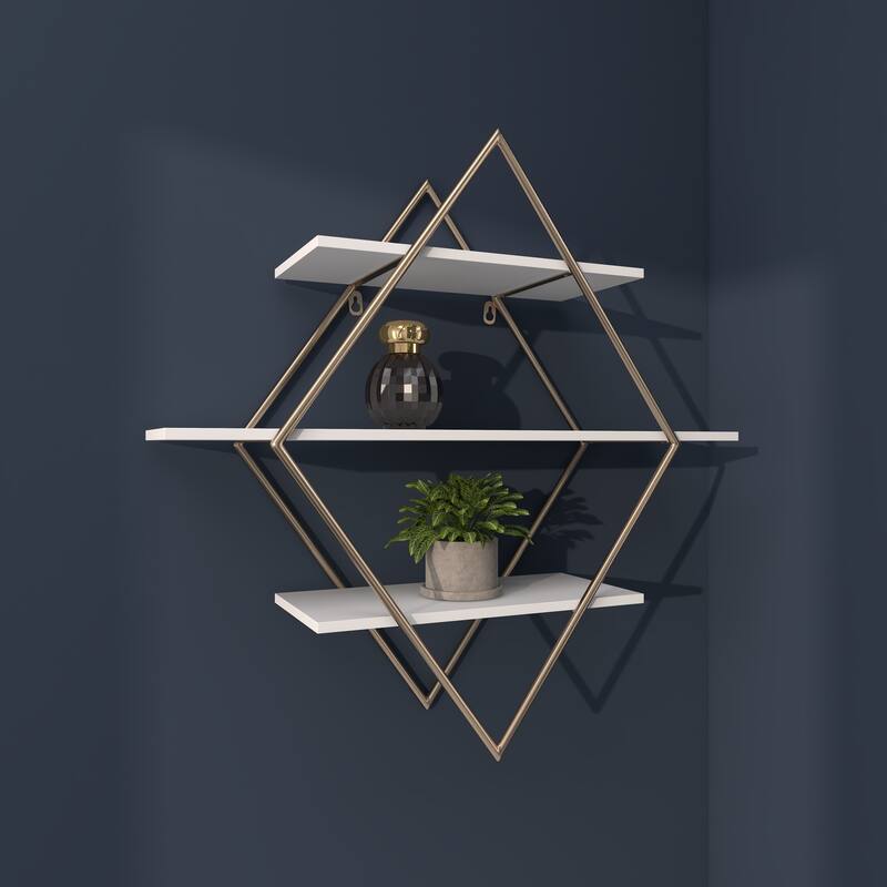 Wooden 3 Shelves Wall Shelf with Diamond Shape - Gold - Roche River Decor