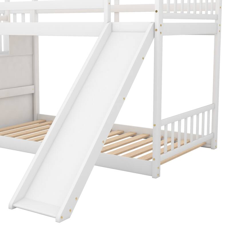 Convertible Twin Bunk Bed with Slide and Stairway, White