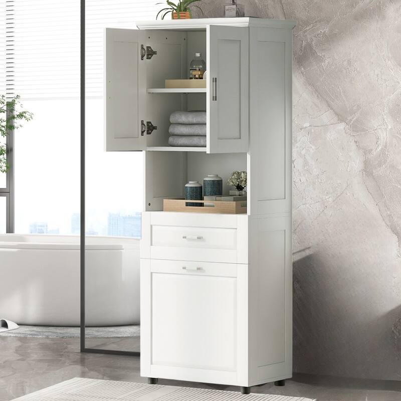 Tall Tilt Out Laundry Hamper Cabinet With Drawer Bathroom Storage Cabinet Shelf With Multiple Storage Space