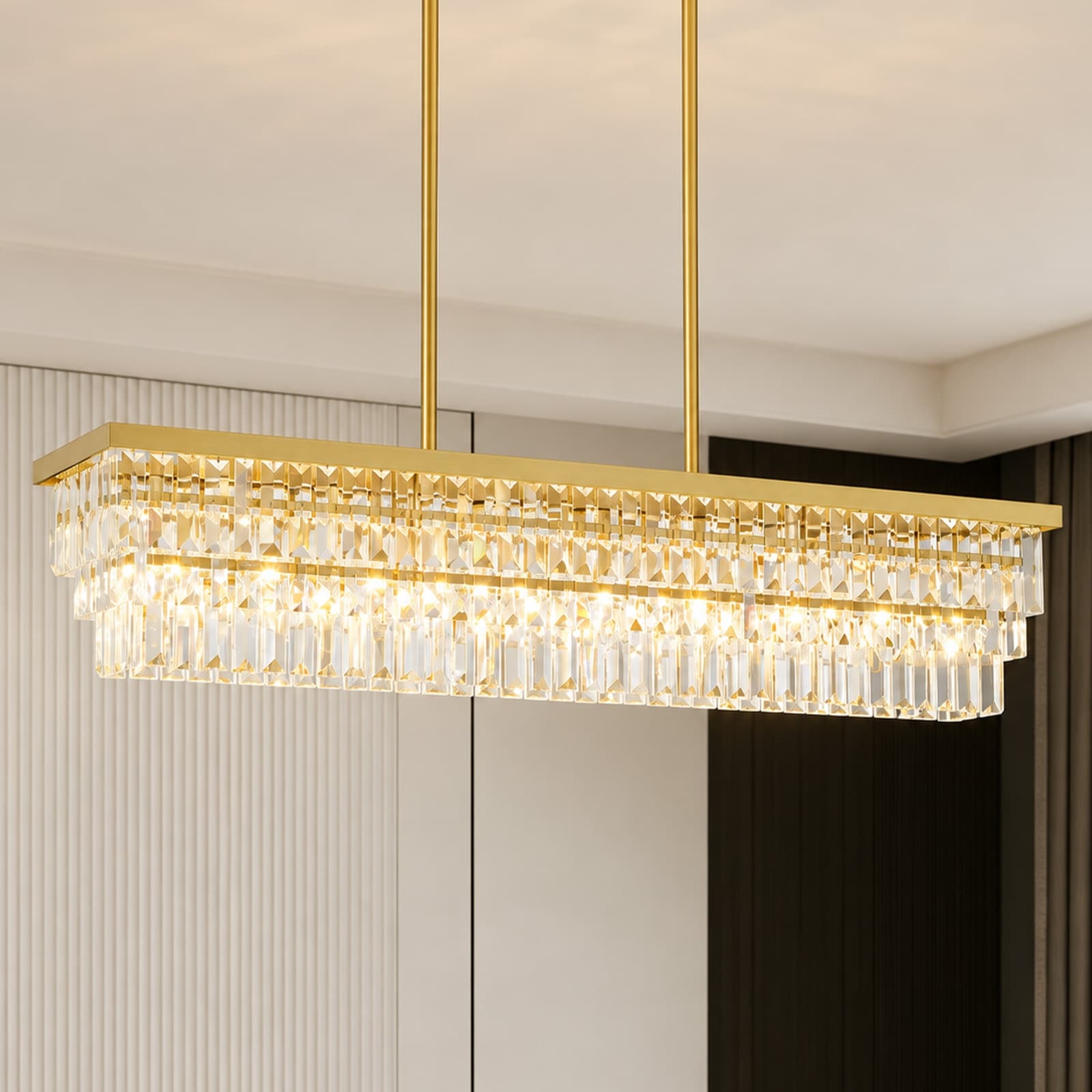Rennnsan 8-Light Modern Brass Rectangular Crystal Chandelier for Dining Room - 38.6 in. W × 8.7 in. D × 7.1 in. H