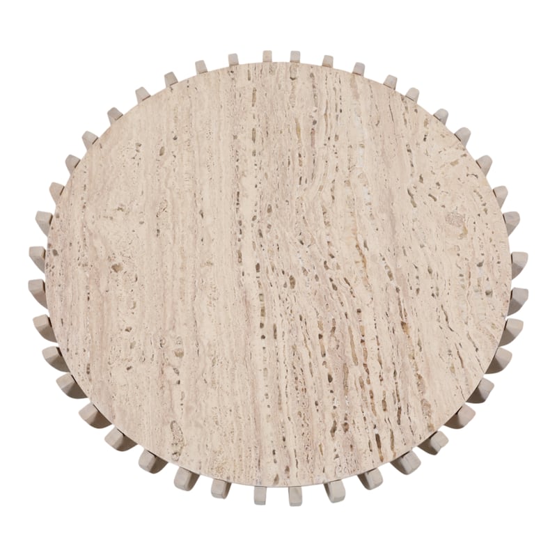 Decorative Travertine Accent Table with Wodden Carved Base- 25", White