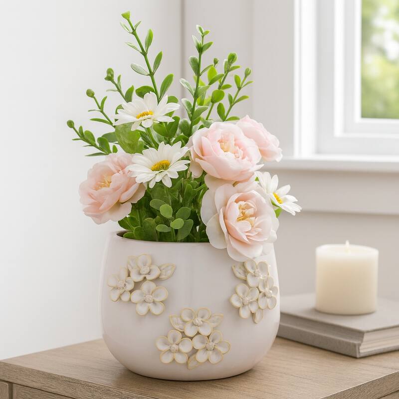 Ceramic Planter Raised Floral Detailing Glossy Decorative Display