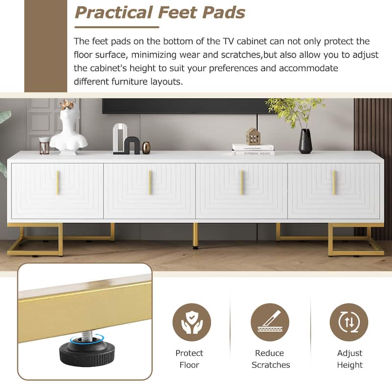 White+Gold 70" TV Stand with Gold Handles & Adjustable Shelves for TVs Up to 80"