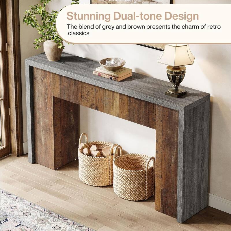 55 Inches Farmhouse Entryway Console Table, Sofa Table with Dual-Tone Design