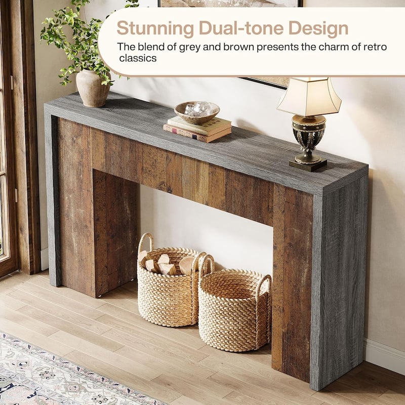 55.12" Brown & Grey MDF Console Table, Farmhouse Entryway Table for Hallway