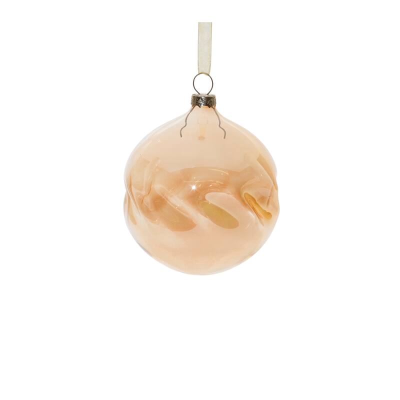 12 Glass Christmas Ornaments Set with Amber Ombre Wavy Design and Ribbon - 3.25" x 3.25" x 4.25