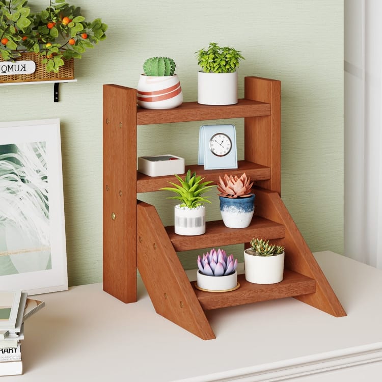 Natural Solid Wood 4-Tier Ladder Flower Stand for Indoor Outdoor - 12" x 12" x 14"