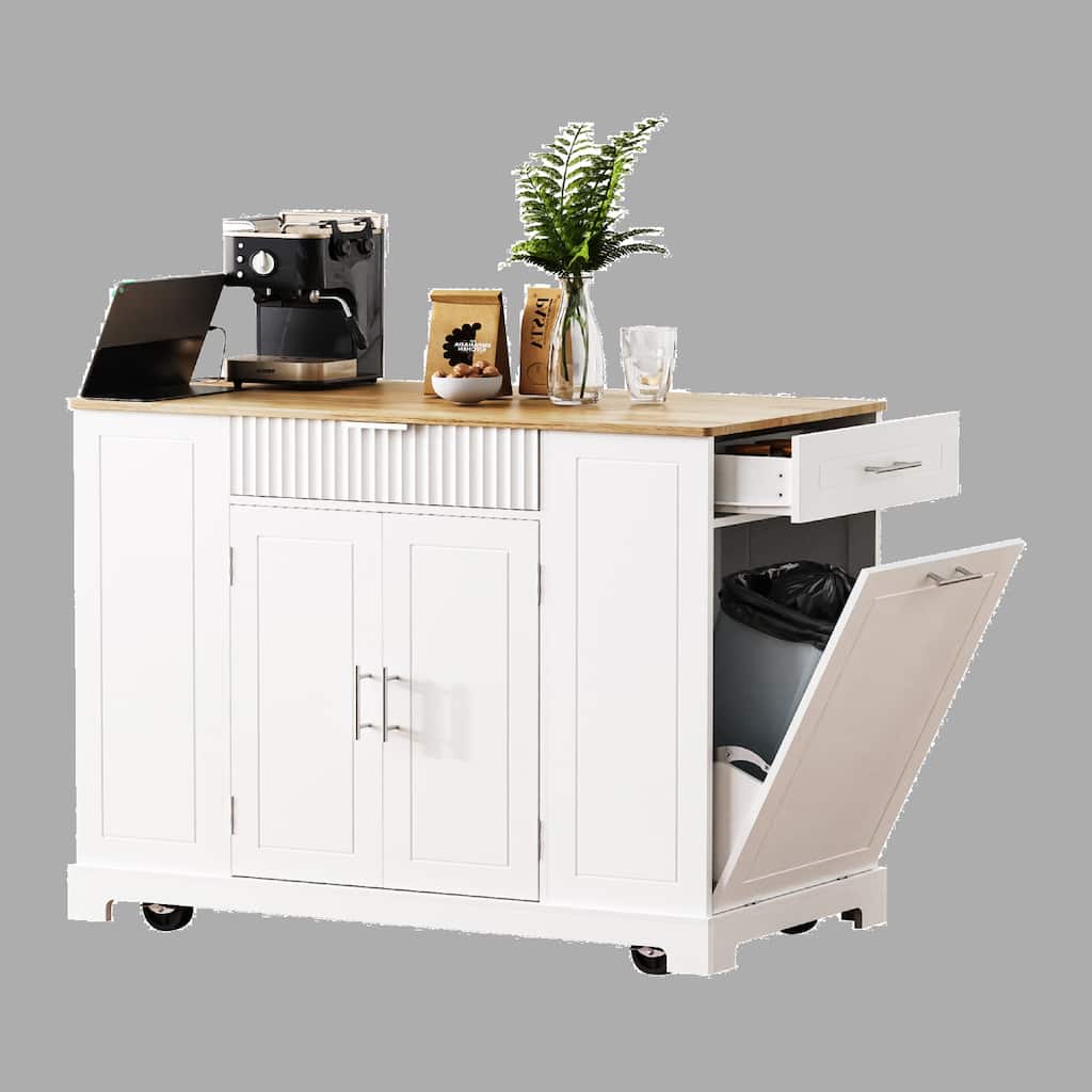 Rolling 48.5" Kitchen Island with Trash Can Storage, Built-in Power Outlet, 3 Drawers, 5 Wheels and Adjustable Shelves