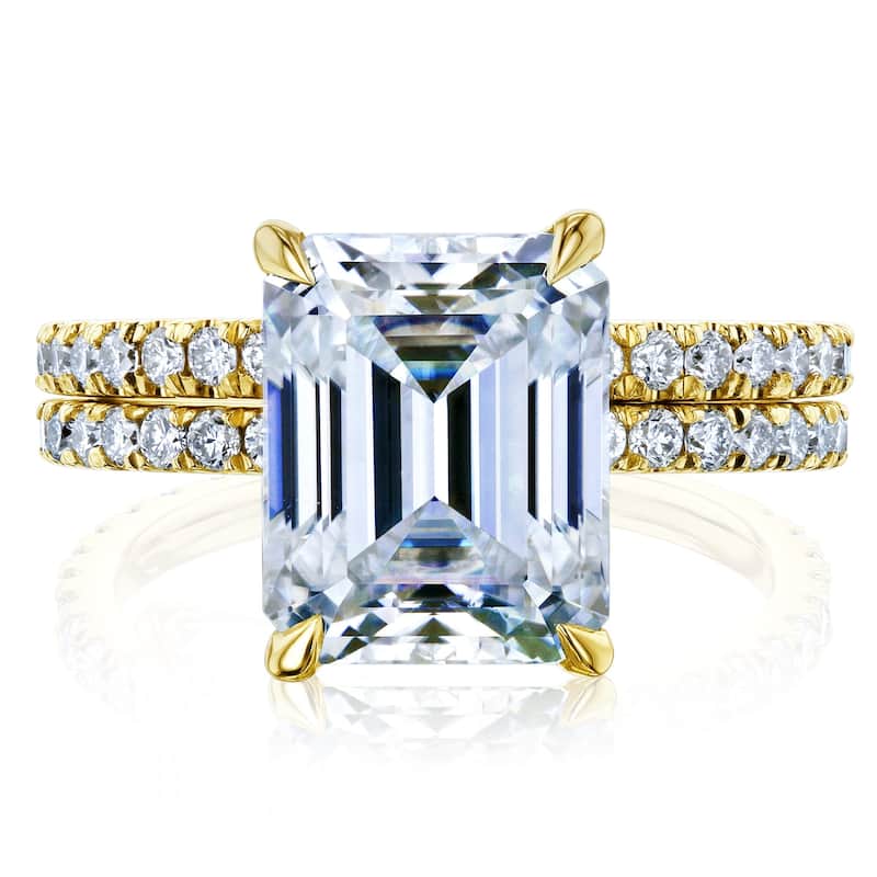 Kobelli 4.25 Carat Forever One Moissanite & Lab Grown Diamond 14k Solid Gold Emerald Butterfly Basket Bridal Set - Yellow - 7