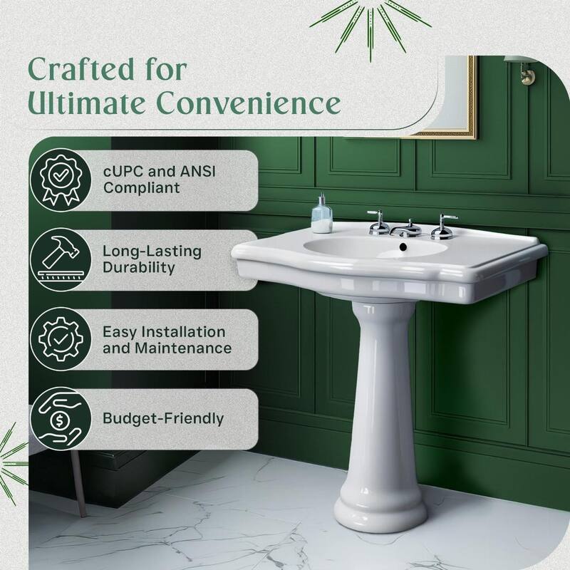 Darbyshire White Bathroom Pedestal Sinks with 8 in. Widespread Faucet Holes