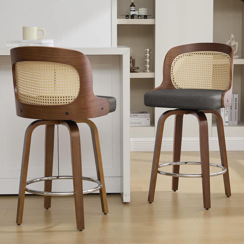 26" Upholstered Swivel Counter & Bar Stool with Rattan Back - 37.4"H x 19.09"W x 19.88"D