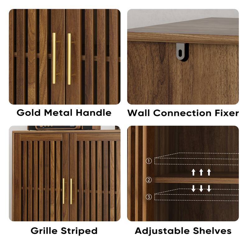 Roomfitters Mid-Century Modern Storage Cabinet with Vertical Slat Doors, Sideboard Buffet Organizer with Gold Handles, Walnut